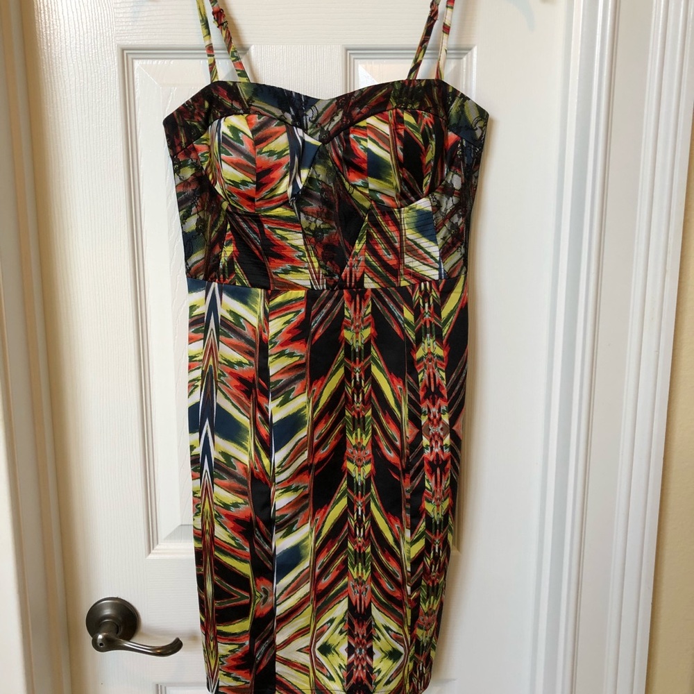 Multi color print and lace detail cocktail dress